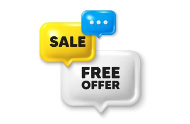 İndirimli konuşma kabarcığı 3D simgesi. Bedava teklif etiketi. Özel teklif işareti. Satış terfisi sembolü. Ücretsiz indirim. Konuşma balonu satışı afişi. İndirimli balon. Vektör