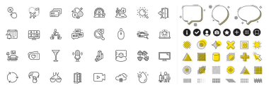 Set of Notification calendar, Search and Medical vaccination line icons for web app. Design elements, Social media icons. Video camera, Card, Teamwork icons. Vector clipart