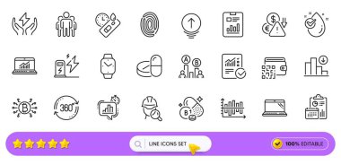 Web uygulaması için Qr kodu, Swipe up ve Online istatistik satırı simgeleri. Bir paket Covid testi, Thiamine vitamini, su damlası ikonları. Hesaplama kontrol edildi, şarj istasyonu, Smartwatch işaretleri. Vektör