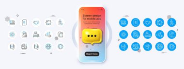 3D sohbet simgesiyle telefon modeli. Kazanan yıldız, Vip chip ve otobüs hattı simgeleri. Yüz biyometrisi paketi, çevrimiçi kredi, denetleme simgesi. Dış kaynak kullanımı, elektrik prizi, eklenti piktogramı. Vektör