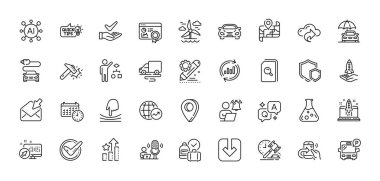 İş kurun, Onaylandı ve Kalkanlar çizgi simgeleri paketlendi. Al, Soru ve Cevap, Harita iğne simgeleri. Belgeyi yükle, veriyi güncelle, Kitle fonlaması web simgesi. Vektör