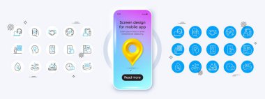 3D harita simgesi olan telefon modeli. Balık tutma, iş becerisi ve alkol ikonu yok. Bir paket Love sohbeti, Cash transit, fikir ikonu. Tokalaşma, alarmı seç, güvenlik uygulaması resim grafiği. Vektör