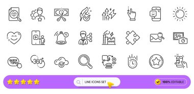 Web uygulaması için fotoğraf makinesi, telefon videosu ve araştırma hattı simgeleri. Bir paket indirim vergisi, hızlı teslimat, resim ikonları. Arama postası, 360 derece, müzik telefon sinyalleri. Analitik çizelge. Arama barı. Vektör