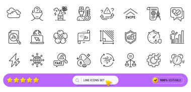 İnternet uygulaması için tıbbi ilaçlar, zamanlayıcı ve termometre çizgisi simgeleri. Rüzgâr enerjisi paketi, bölme belgesi, Seo vites ikonları. Boron minerali, elektrik, zaman yönetimi işaretleri. Arama barı. Vektör