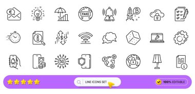 Wiifi, web uygulaması için ayarlar vites ve Dice satırı simgeleri. Sohbet mesajı paketi, video konferansı, masa lambası resimli resim simgeleri. Lock, sahte haberler, telefon faturaları. 5G teknolojisi, zamanlayıcı, dolar oranı. Vektör