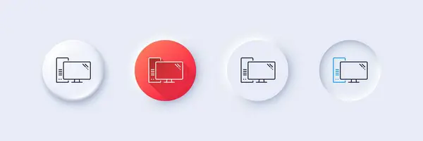 stock vector Computer line icon. Neumorphic, Red gradient, 3d pin buttons. PC component sign. Monitor with case symbol. Line icons. Neumorphic buttons with outline signs. Vector