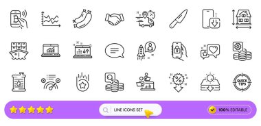 Web uygulaması için Sohbet, İpuçları ve Telefon Hattı simgeleri. İndirim paketi, ekspres teslimat, takım çalışması resim simgeleri. Yağ fıçısı, kalp, kontrol işaretleri. Kilitli uygulama, el sıkışma, sevkiyat. Vektör