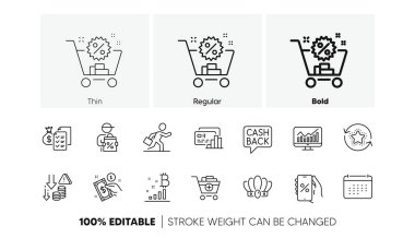 Muhasebe zenginliği, İşadamı işletme ve ürün hattı simgeleri ekleme. Ödeme yöntemi, takvim, alışveriş arabası ikonu. Kart, Deflasyon, Crown Pictogram. Teslimat indirimi, İstatistikler. Vektör