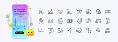 Cüzdan, Alışveriş ve Grafik çizelgesi web uygulaması için simgeler. Telefon modelleme gradyan ekranı. Bir paket para birimi, satış şeması, bütçe simgeleri. Vektör
