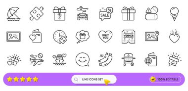 Web uygulaması için seyahat pasaportu, biletler ve bulmaca satırı simgeleri. İndirim balonu paketi, fotoğraf, seyahat ikonları. Dondurma, gizli hediye, hediye kutusu işaretleri. Fotoğraf konumu, Gülümse. Arama barı. Vektör