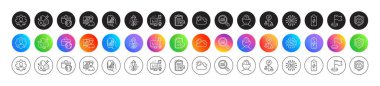 Fireworks, Discrimination and Battery charging line icons. Round icon gradient buttons. Pack of Analysis app, Podcast, Presentation board icon. Global business, Milestone, Psychology pictogram. Vector clipart