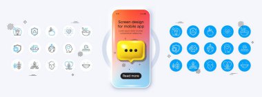 3D sohbet simgesiyle telefon modeli. Sağlıklı cilt, zihinsel sağlık ve kalkan hattı simgeleri. Sosyal mesafe paketi, kalp atışı, dudak ikonu. Aşçı, yerel halk, adil ticaret piktogramı. Vektör