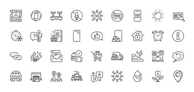 Arama metni, geri bildirim ve akıllı telefon hattı simgeleri. Al, Soru ve Cevap, Harita iğne simgeleri. Arama çalışanı, enerji enflasyonu, dermatolojik olarak test edilmiş web simgesi. Vektör