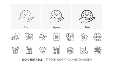 Sahte haberler, su geçirmez ve elektrik hattı simgeleri. Bir paket kirli su, güvenli zaman, tıbbi tablet ikonu. Pano, 5 gramlık kablosuz ağ, Piktogram testi. Parmak izi erişimi, Belge, Kontrol Listesi. Satır simgeleri. Vektör