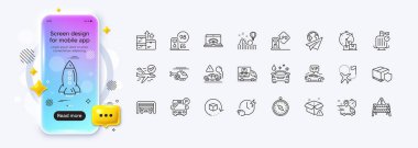 Onaylanmış uçuş, çevrimiçi dağıtım ve internet uygulaması için Uyarı satırı simgeleri. Telefon modelleme gradyan ekranı. Şarj etme zamanı, Roket, seyahat pusulası simgeleri. Vektör