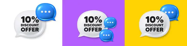 stock vector Chat speech bubble 3d icons. 10 percent discount tag. Sale offer price sign. Special offer symbol. Discount chat text box. Speech bubble banner. Offer box balloon. Vector