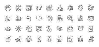 Otobüs yolculuğu, Cloud sunucusu ve Leaves çizgi simgeleri paketi. Al, Soru ve Cevap, Harita iğne simgeleri. Arama dosyaları, iş fikri, seyahat erteleme web simgesi. Telefon uygulaması, alarmlı saat, atom resmi. Vektör