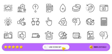 Web uygulaması için hareket jesti, imleç ve romantik konuşma hattı simgeleri. Bir paket hesap makinesi, yağ serumu, kurtarıcı alet ikonları. Dış kaynak işi, aşk mektupları, muhasebe tabelaları. Telefon şifresi. Arama barı. Vektör