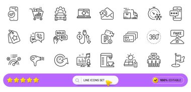 Onaylanmış telefon, 360 derece ve web uygulaması için doğru cevap satırı simgeleri. Gönder posta paketi, güncelleme zamanı, saç kurutma makinesi resim simgeleri. 24 saat hizmet, park güvenliği, çalışanlar grubu tabelaları. Vektör