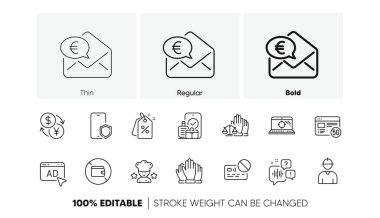 En iyi şef, 5 g internet ve Euro para hattı ikonları. Para değişimi paketi, el bagajı, Seo dizüstü bilgisayar ikonu. Mahkeme jürisi, Card, cüzdan fotoğrafı. Ad, Mühendis, telefon koruması. Oylayın. Vektör
