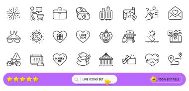 Alıcı düşünüyor, güneş koruması ve web uygulaması için dağıtım hattı simgeleri. Bir paket ızgara, Atlıkarınca, seyahat kredisi ikonları. Babalar Günü, Havai fişekler patlaması, aşk işaretleri. Bagaj. Vektör