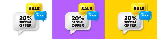 stock vector Chat speech bubble 3d icons. 20 percent discount offer tag. Sale price promo sign. Special offer symbol. Discount chat text box. Speech bubble banner. Offer box balloon. Vector