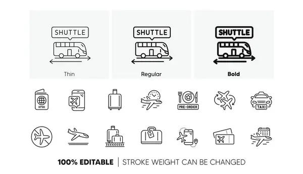 stock vector Boarding pass, Baggage claim, Arrival. Airport line icons set. Connecting flight, tickets, pre-order food icons. Passport control, airport baggage carousel, flight mode. Line icons set. Vector