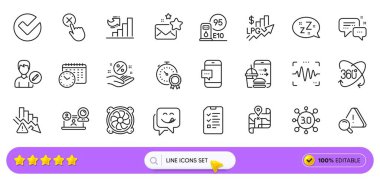 Deflasyon, kredi yüzdesi ve web uygulaması için Smartphone mesaj hattı simgeleri. Çalışan kurye paketi, video konferansı, yükselen fiyat simgeleri. Büyüme tablosu, düzenleyici, en iyi sonuç tabelaları. Vektör