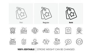 Bonus kartı, Redeem hediyesi ve indirim kuponu tabelası. Sadakat programı çizgi simgeleri. Piyango bileti, kazanç ödülü ve kazanan hediye ikonları. Doğrusal küme. Satır simgeleri ayarlandı. Vektör