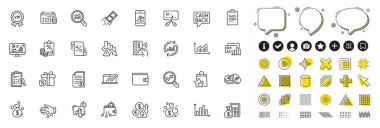 Web uygulaması için kredi, para cüzdanı ve finans hesap makinesi satırı simgeleri. Tasarım unsurları, sosyal medya simgeleri. Deflasyon, Smartphone istatistikleri, Satış şeması simgeleri. Vektör