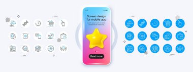 Çark, dokunmatik ekran jesti ve ev sigortası simgeleri. 3D yıldız ikonuyla telefon modeli. Kimya DNA 'sı paketi, zaman, Seo analiz ikonu. Kaynatma tavası, bagaj uygulaması, kimyasal tehlike görüntüleme. Vektör