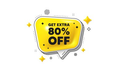 İndirimden% 80 indirim al. Konuşma balonu 3D simgesi. İndirimli fiyat tabelası. Özel teklif sembolü. Yüzde 80 tasarruf ederiz. Ekstra indirimli sohbet mesajı. Çizgili konuşma balonu pankartı. Vektör
