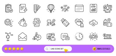 Web uygulaması için zaman, yeni mesaj ve etki çizgisi simgeleri. Sunum Paketi, Rapor Belgesi, Pictogram simgelerini doğru yanıtla. Takvim, telefon araştırması, kimya laboratuvar işaretleri. Arama barı. Vektör