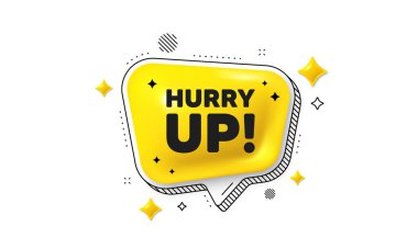 Acele et, satış etiketi. Konuşma balonu 3D simgesi. Özel teklif işareti. Reklam indirimleri sembolü. Acele et, satılık sohbet mesajı. Çizgili konuşma balonu pankartı. Sarı mesaj balonu. Vektör