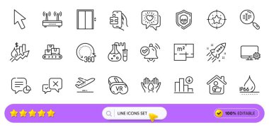 Lift, Yıldız Hedefi ve Wifi ağ uygulaması için simgeleri. Düşürme grafiği paketi, bildirim alındı, siber saldırı simgeleri. İstatistik, VR, güvenli su işaretleri. Roketi çalıştır. Arama barı. Vektör