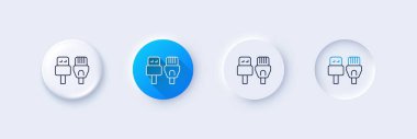 Bilgisayar kablo hattı simgesi. Neumorfik, mavi gradyan, 3 boyutlu iğne düğmeleri. Usb, rj45 bağlantı kablosu. Satır simgeleri. Taslak işaretli neumorfik düğmeler. Vektör