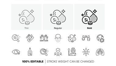 Akciğerler, silikon mineral ve Coronavirus salgın hattı simgeleri. Bir paket K vitamini, görüş testi, sigorta ikonu. Hemşire, sosyal uzaklık, el dezenfektanı fotoğrafı. Cilt durumu. Vektör