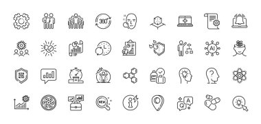 Aşı koruması, güçlendirilmiş gerçeklik ve Seo vites kutusu simgeleri. Al, Soru ve Cevap, Harita iğne simgeleri. Analitik sohbet, QR kodu, Power info web simgesi. Vektör