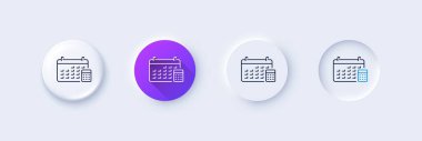 Hesap makinesi çizgi simgesi ile takvim. Neumorfik, mor gradyan, 3 boyutlu iğne düğmeleri. Muhasebe tabelası. Finans sembolünü hesapla. Satır simgeleri. Taslak işaretli neumorfik düğmeler. Vektör