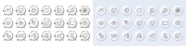 Chemistry lab, Niacin and Difficult stress line icons. White pin 3d buttons, chat bubbles icons. Pack of High thermometer, Thoughts, Fraud icon. Co2, Computer, Cable section pictogram. Vector clipart