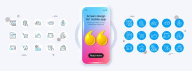 Soygun, Candlestick grafiği ve aksesuar ikonları satın alma. 3D alıntı ikonlu telefon modeli. Bir paket ATM, rüşvet, Startup simgesi. Alışveriş, para, resimli kart. Vektör