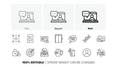 Hızlı ipuçları, Kimya DNA 'sı ve Ayarlar vites kutusu simgeleri. Kilit Paketi, Küçült, Kullanım Kılavuzu simgesi. Artırılmış gerçeklik, kaldırma, sahte haber fotoğrafı. Arkadaşlar konuşur, yorumlar, kalpler. Satır simgeleri. Vektör