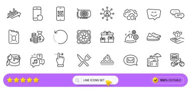 Telesekreter, bozuk para çantası ve web uygulaması için Kurtarma Hattı simgeleri. Bir paket Messenger, gülen surat, QR kodu resim simgeleri. Ağ kurma, nokta mesajı, cilt bakım işaretleri. Ayakkabılar. Arama barı. Satır simgeleri. Vektör