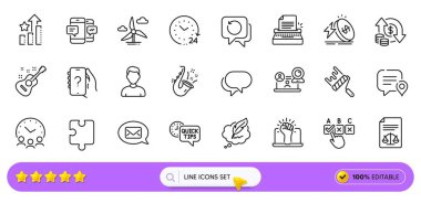 24 saat, Gitar ve Caz hattı web uygulaması için simgeler. Telif hakkı sohbetleri, Smartphone mesajları, Video konferansı resim simgeleri. Bulmaca, boya silindiri, yetki işareti. Yasal belgeler. Arama barı. Vektör