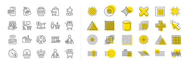 Temassız ödeme kartı, alışveriş arabası ve bir grup insan. Şekil elementleri tasarla. Müşteri satışı simgeleri. Mağaza, alıcı sadakat kartı, müşteri sıralama simgeleri. Vektör