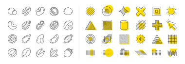 Fındık, badem fıstığı ve fıstık. Şekil elementleri tasarla. Fındık ve tohum çizgisi simgeleri. Ayçiçeği ve kabak çekirdeği, Brezilya fıstığı, fıstık ikonu. Ceviz, Hindistan cevizi ve fındık. Vektör