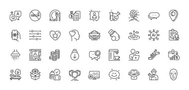 Gülücük sohbeti, Artırılmış gerçeklik ve Flash hafıza çizgisi simgeleri. Al, Soru ve Cevap, Harita iğne simgeleri. Geliştiriciler sohbet, balıkçı şamandırası, Tamirci web simgesi. Vektör