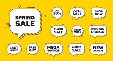 Konuşma baloncuğu ikonları teklif et. Bahar indirimi etiketi. Özel fiyat tabelası. Reklam indirimi sembolü. Bahar satışı sohbet teklifi. Konuşma balonu indirimi afişi. Mesaj kutusu balonu. Vektör