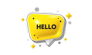 Hoş geldin etiketi. Konuşma balonu 3D simgesi. Merhaba davet teklifi. Resmi selamlama mesajı. Merhaba sohbet mesajı. Çizgili konuşma balonu pankartı. Sarı mesaj balonu. Vektör