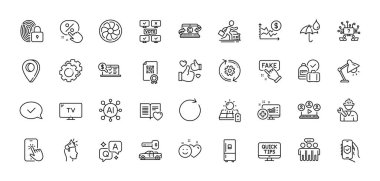 Kopyalama defteri, Video konferansı ve İndirim düğmesi satırı simgeleri paketi. Al, Soru ve Cevap, Harita iğne simgeleri. Araba kiralama, güvenlik uygulaması, çarkıfelek web simgesi. Vektör